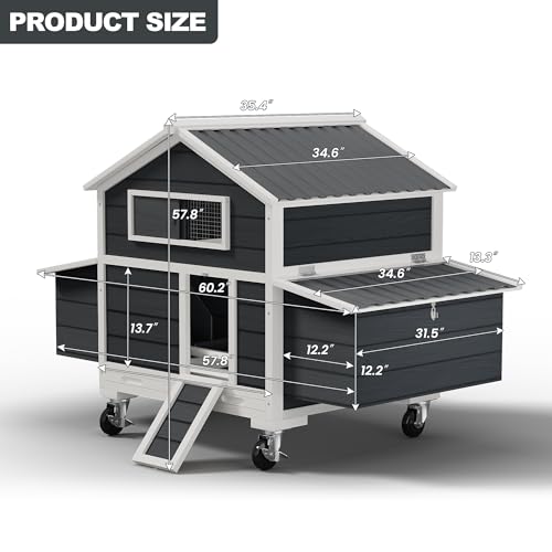 Chicken Coop on Wheels, Large Mobile Wooden Hen House for 4-6 Chickens, Outdoor Poultry Cage with Nesting Box, Chicken House for Outside Farm Backyard - size: 60.2"L x 35.4"W x 57.8"H