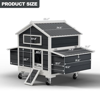 Chicken Coop on Wheels, Large Mobile Wooden Hen House for 4-6 Chickens, Outdoor Poultry Cage with Nesting Box, Chicken House for Outside Farm Backyard - size: 60.2"L x 35.4"W x 57.8"H
