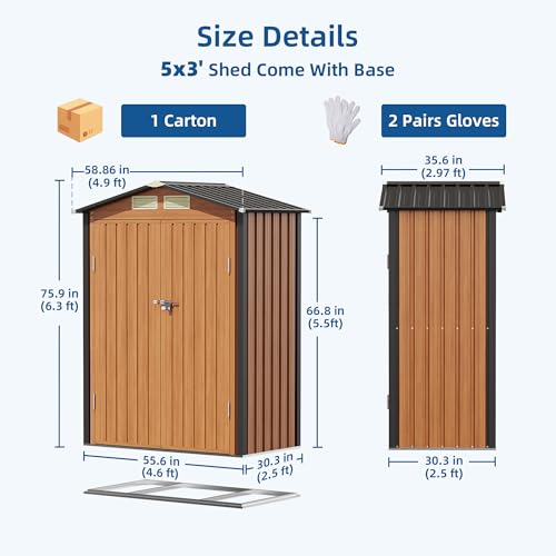 5x3FT Outdoor Storage Shed, Metal Garden Shed with Floor Base, Updated Frame Structure & Lockable Doors, Large Tool Shed for Backyard, Patio,Lawn,Utility & Bike Storage - size: 5x3 FT with Base