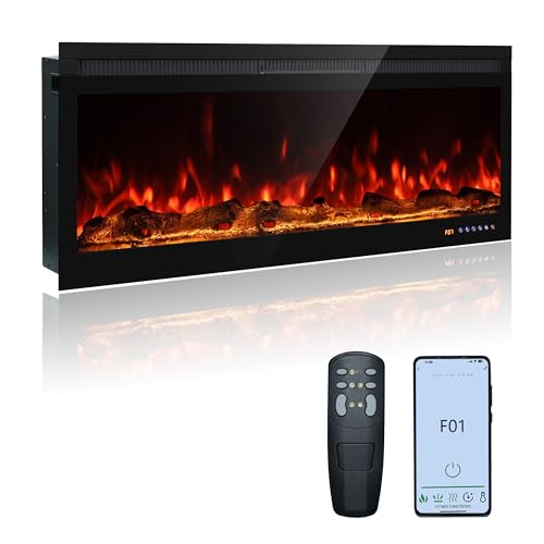 42 Inch Smart Wall Mount & in Wall Recessed Electric Fireplace Insert,App Control, Multi Colors of Flame & Fuel Bed,Timer & Thermostat & Low Noise,750W/1500W Indoor Heater, Black - size: 42 Inch WiFi