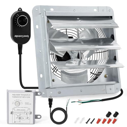 Criditpid 7 Inch Shutter Exhaust Fan, 760 CFM High Speed Wall Mounted Fan, Attic Vent Fan with Speed Controller and Thermostat for Greenhouse, Garage, Warehouse, Basement, Chicken Coop Ventilation - size: 7 Inch Shutter Exhaust Fan
