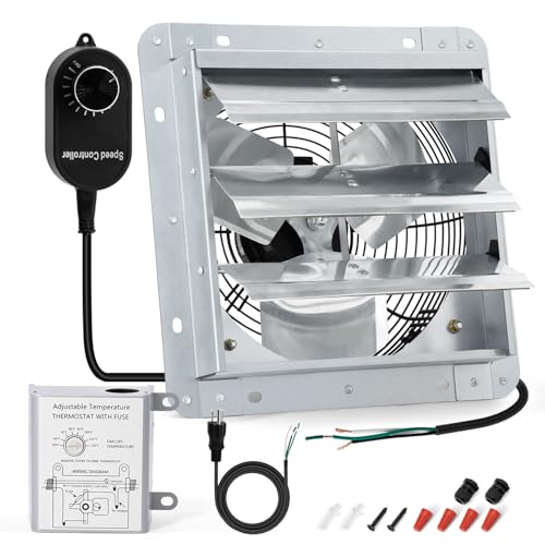 Criditpid 7 Inch Shutter Exhaust Fan, 760 CFM High Speed Wall Mounted Fan, Attic Vent Fan with Speed Controller and Thermostat for Greenhouse, Garage, Warehouse, Basement, Chicken Coop Ventilation - size: 7 Inch Shutter Exhaust Fan