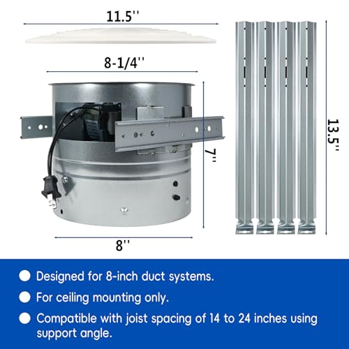 REEPLAR 8-Inch Ceiling Mount Exhaust Fan, 200 CFM Powerful Ventilation, Replacement for 505 Vertical Discharge Exhaust Fan, Fits 8" Roof Duct System, Ideal for Kitchen, Bathroom and Laundry Room