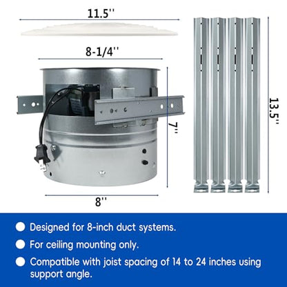 REEPLAR 8-Inch Ceiling Mount Exhaust Fan, 200 CFM Powerful Ventilation, Replacement for 505 Vertical Discharge Exhaust Fan, Fits 8" Roof Duct System, Ideal for Kitchen, Bathroom and Laundry Room