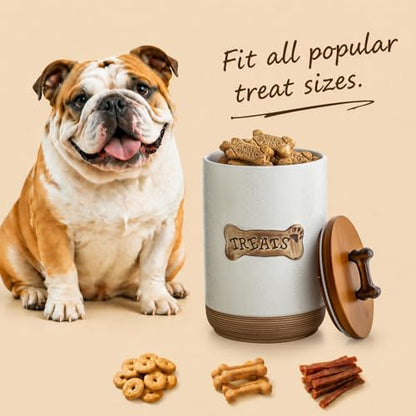 Miamolo Airtight Dog Treat Container, Dog Food Storage Container, Ceramic Dog Treat Jar with Wood Lid and Handle, Pet Treats Canister for Countertop, Farmhouse Gift for Dog Lovers, Bone Glinting White - color: Bone Glinting White