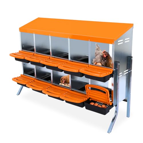 Chicken Nesting Boxes, Roll Away Nesting Box 10 Hole Metal Chicken Egg with Leg for Chicken Coop, Swing Perch and Rollout Egg Collection, Orange - color: Orange, size: 10 holes with legs