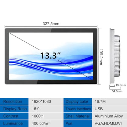 GreenTouch 13.3 Inch Industrial Embedded Capacitive Touchscreen Monitor, Open Frame Multi-Touch Screen Industrial Front IP65 Monitor - HDMI+VGA+DVI - 1920 * 1080 Resolution - size: 13.3 IN