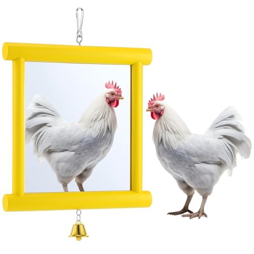 Sadnyy Extra Large Chicken Mirror Toys Hanging Swing Double Side Mirror with Bell Wooden Pecking Toy for Hens Birds Parrots Coop Roosters Enrichment Toy for Poultry(Square, Yellow, 1pcs) - color: Yellow, size: Square