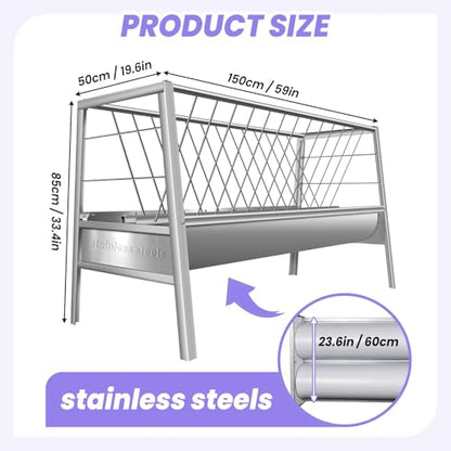 77Gal Pasture Hay Feeder, Wide Opening 2-in-1 Trough with Side Feeding Design, Sturdy Stainless Steel Build for Goats Sheep Pig Calves Ranch Pasture Feeding