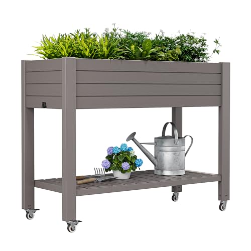 Elevated Raised Garden Bed with Wheels,Planter Box,Gray-33.7" h | Resin Planter Box with Drainage Holes, Water Monitor, Wheels for Garden Patio Backyard - color: Gray, size: 33.7"h