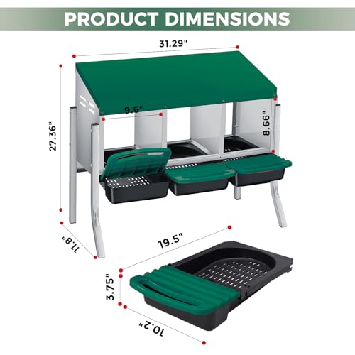 3 Hole Roll Away Chicken Nesting Box - Chickens Laying Box with Removable Tray, Easy Egg Collection & Cleaning, Metal Nesting Boxes for Backyard, Farm, Poultry Coop, with Bracket Legs - color: green, size: 3 Compartments with legs
