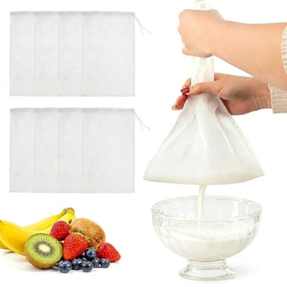 8 Pack 200 Mesh Nut Milk Bags for Straining, 12 x 8 Inch Reusable Nylon Food Grade Filter Cheese Cloth Bags for Straining Almond Milk, Juice, Yogurt, Tea & Coffee