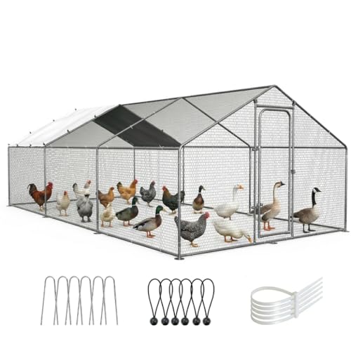 ORANLAND Large Metal Chicken Coop, 14.8x9.9x6.6ft Walk-in Chicken Runs with Cover, Spire Roof Chicken Pen with Security Lock, Outdoor Duck Rabbit Cage Poultry Pen for Backyard, Farm, Yard - size: 177.2"L x 118.2"W x 76.8"H