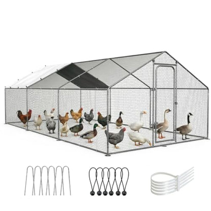 ORANLAND Large Metal Chicken Coop, 14.8x9.9x6.6ft Walk-in Chicken Runs with Cover, Spire Roof Chicken Pen with Security Lock, Outdoor Duck Rabbit Cage Poultry Pen for Backyard, Farm, Yard - size: 177.2"L x 118.2"W x 76.8"H