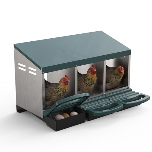 3 Hole Roll Away Chicken Nesting Box - Chickens Laying Box with Removable Tray, Easy Egg Collection & Cleaning, Metal Nesting Boxes for Backyard, Farm, Poultry Coop - color: green, size: 3 Compartment