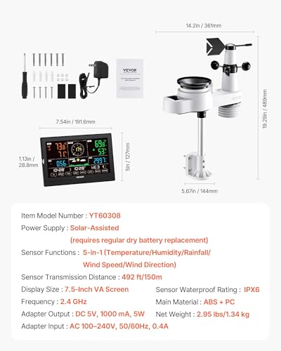 VEVOR 5-in-1 Wi-Fi Weather Station, 7.5-Inch VA Display, Wireless Solar Powered Outdoor Sensor, Rain Gauge, Indoor Outdoor for Weather Forecast, Wind Speed Direction, Temperature, Humidity, Rainfall - style: 5-in-1 Wi-Fi with APP