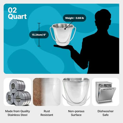 0.5 Gallon Stainless Steel Bucket - Heavy Duty Flat Side Metal Bucket for Feeding & Watering Pets, Livestock & Cleaning - Perfect for Crates, Kennels, Cages & Hang on Fences - 2 Quart - size: 2 Quart