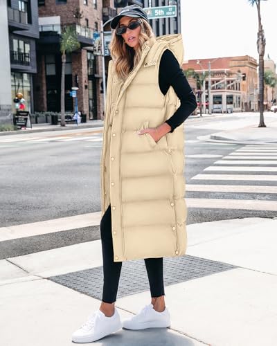 BTFBM Long Puffer Vest Women Quilted Hooded Button Down Zip Up Sleeveless Vests Outerwear Padded Jacket Fall Winter Coat - color: Apricot, size: X-Large