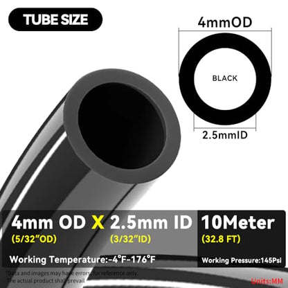 PNEUMATIC Black 4mm or 5/32 inch OD 2.5mm ID Polyurethane PU Air Hose Pipe Tube 10 Meter 32.8ft - color: Black, size: 4x2.5mm/32.8FT/10M