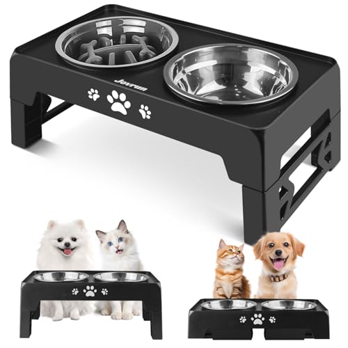 Jovrun Elevated Dog Bowls for Small Dogs and Cats, Non-Slip Cat Bowls with 1*Stainless Steel Dishes & 1*Slow Feeder Bowl, Dog Feeder 2 Heights Adjustable to 2.6"-5.3" - color: Black, size: for Small Dogs and Cats 1 Basic&1Slow Bowl