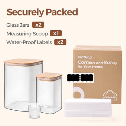 ComSaf Glass Food Storage Containers, 3.6Qt/1.2Qt Glass Flour and Sugar Containers with Airtight Lids, Large Square Jars with Bamboo Lids for Rice, Pasta, Oats, Grains, Cookies, Snacks, Candy - color: 3.6Qt/1.2Qt-Square