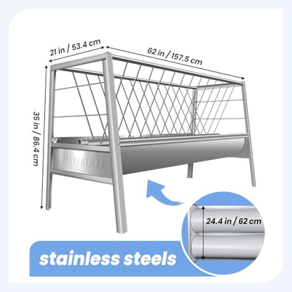 Goat Hay Feeder, 90 Gallon Multiple Sided Goat Hay Rack, 62'' x 26'' x 35'' Heavy Duty Stainless Steel Hay Feeder for Goats, Sheep, Horse, Silver (Stainless Steel)