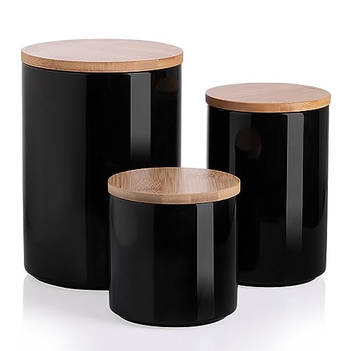 Sweejar Ceramic canisters for kitchen counter,Stackable Food Containers Set with Airtight Seal Bamboo Lid for Serving Ground Coffee, Tea, Spice, Flour and Sugar-Set of 3 (Black) - color: Black, style: 16/28/58 Fl Oz (Set of 3)
