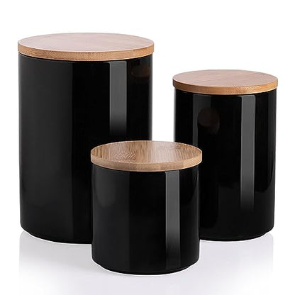 Sweejar Ceramic canisters for kitchen counter,Stackable Food Containers Set with Airtight Seal Bamboo Lid for Serving Ground Coffee, Tea, Spice, Flour and Sugar-Set of 3 (Black) - color: Black, style: 16/28/58 Fl Oz (Set of 3)