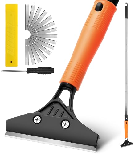 Heavy Duty Floor Scraper with Long Handle,4 Inch Razor Blade Scraper Tool | Cleaning Popcorn Ceiling Wall Glass Windows Gum Paint Tile Glue Linoleum|45.7IN Handle|10PCS Extra Metal Blades|Orange