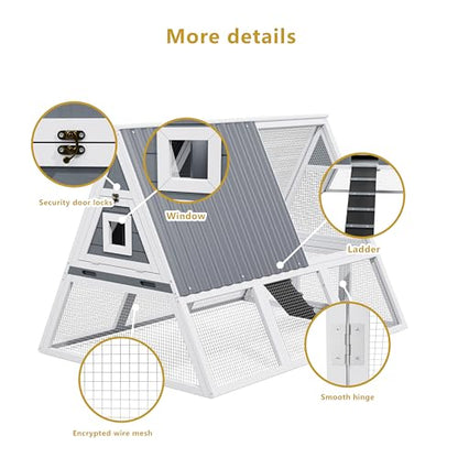Large Chicken Run Coops with Nesting Boxes Outdoor for 4-6 Chickens Wooden Duck Rabbit Hen House A-Frame Quail Cages with Removable Tray Ramp and Weatherproof Roof for Backyard Outside (White2) - color: White2