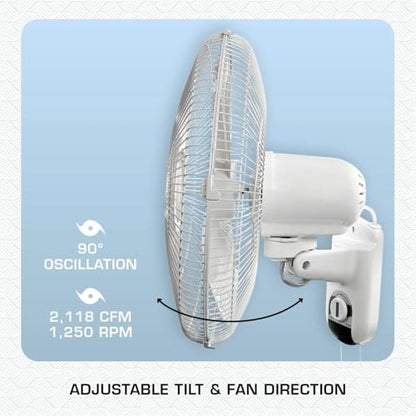 Hurricane Classic Oscillating Wall Mount Fan w/ 3 Quite Speeds, White, 16" - Corded Electric Air Cooling Unit w/ Easy Pull Cord Controls for Home, Grow Tents, Offices, Sheds, Studios, Garages & Dorms - style: Classic