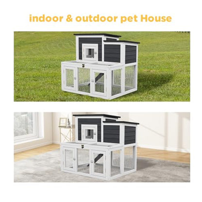 Outdoor Rabbit Hutch, Bunny Cage, Chicken Run Coop Wooden Quail Cage Duck Coop with Ventilating Wire Poultry House for Small Animals (Gray+Black) - color: Gray+Black