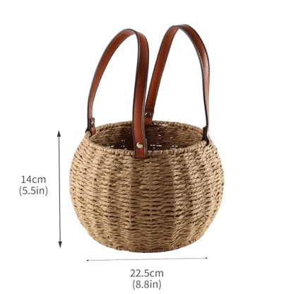 Farmhouse Egg Basket,Large Egg Collecting Basket with Handle,Round Wicker Egg Basket for Gathering and Carrying Fresh Eggs, Egg Holder for Kitchen Countertop,Picnic,Garden