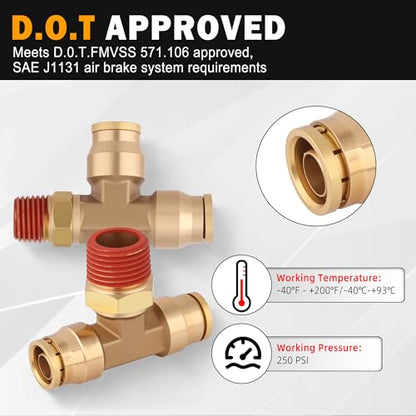 3/8" DOT Air Brake Fittings Tee, 3PCS Brass Push to Connect Fittings 3/8" Tube OD × 3/8" NPT × 3/8" Tube OD Tee Union to Male Pipe Swivel for Truck Trailers Air Brake System - size: 3/8" OD & 3/8" NPT, style: NPT Tee