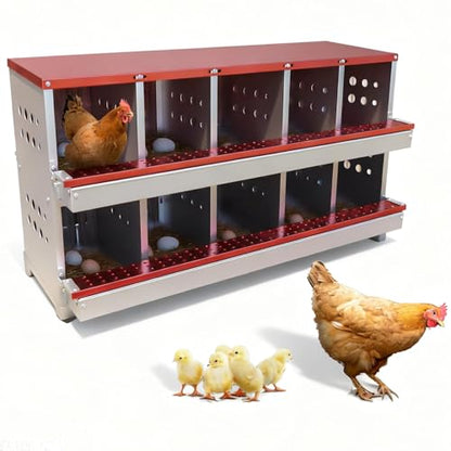 Chicken Nesting Box, 10 Compartment Roll Away Laying Box for Hens, Heavy-Duty Galvanized Steel, Front Egg Collection Tray, 10 Training Eggs Included - color: Red, size: 10 Compartments & 10 Eggs