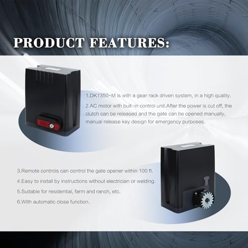 Sliding Gate Opener Kit with AC 110V/60HZ Motor, Remote Transmitter, Gear Driven Automatic Gate Operator (for 1350lb & 26ft Gate, DK1350-M) - size: DK1350-M