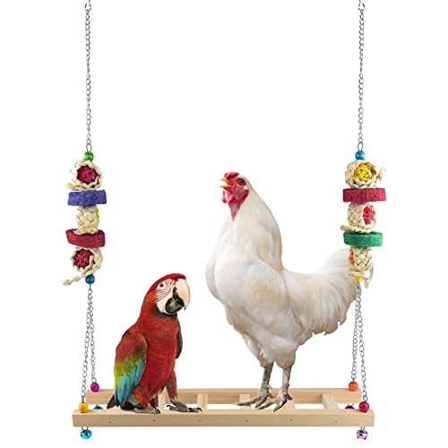 ERKOON Chicken Swing Ladder Toys with Natural Wooden Chicken Perch, Chicken Wood Stand Toy for Hens, Handmade Chicken Coop Swing Ladder Toys for Bird Parrot Hens Small Parakeets Cockatiels Macaws