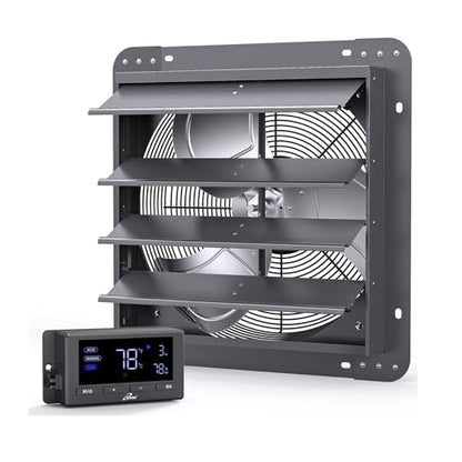 iLIVING 14" Wall Mounted Shutter Exhaust Fan, Automatic Shutter, Temperature and Humidity Controls with Variable Speed, 1200 CFM at 1600 RPM DC Motor - size: 14-inch