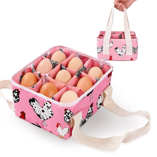 Eggs Collecting Basket, Durable Canvas Egg Basket with Plastic Board, 9-Pouch Chicken Egg Holder Bag for Gathering Fresh Eggs, Egg Gathering Basket and Multipurpose Chicken Holder Bag (Pink) - color: Pink