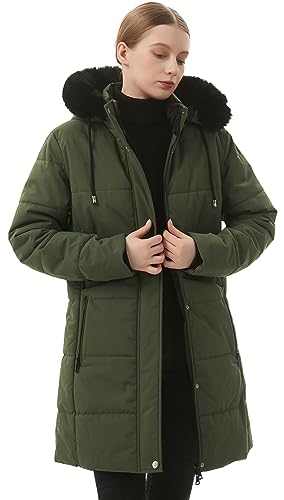 MOERDENG Women's Winter Puffer Coat Thicken Fleece Lined Down Jacket Waterproof Faux Fur Detachable Hooded Parka - color: Green, size: Small