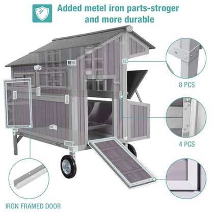 Outdoor Chicken Coops with Large Wheels,Wooden Hen House with 3 Nesting Boxes Leak Proof Pull-on Tray and UV-Resistant Roof Panel - color: Grey, size: 48.58"L x 37.58"W x 51.22"H
