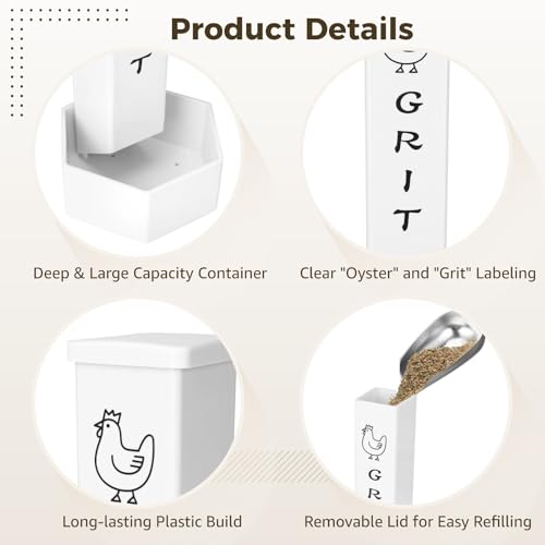 4 Pcs Chicken Grit Feeder, Oyster Shell for Chickens, Metal Hanging Automatic Gravity Feeder, with 2 Scoops, 4 Cable Ties and 4 Screws, 9.4 x 4.3 x 3.9 in Chicken Coop Accessory
