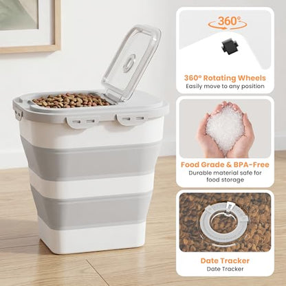 40 Lbs Dog Food Storage Container with Wheels, Collapsible Pet Food Storage Container with Clear Window, 2 Measuring Cups and Scoop, BPA Free Cat Food Container for Rice, Flour, Grain, Bird Seed - color: Grey/40lbs