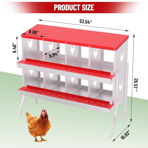 Chicken Nesting Box,8 Holes Galvanized Steel Metal Chicken Laying Box with Automatic Roll-Away Egg Collection System & Removable Tray,Wall Mount Nesting Boxes - color: Red, size: 8 Holes with Legs