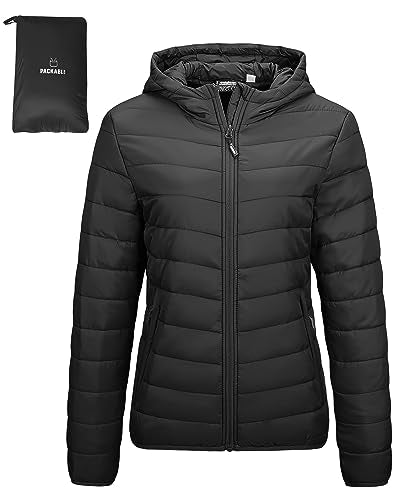 Outdoor Ventures Women's Packable Lightweight Full-Zip Puffer Jacket with Hood Quilted Winter Coat - color: Black New(fold in Pocket), size: X-Small