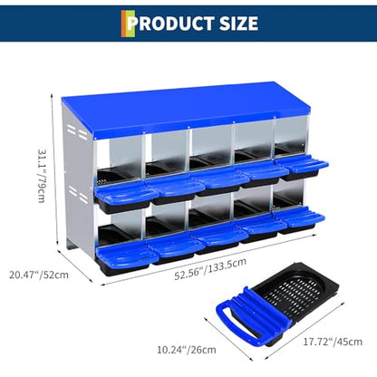 Chicken Nesting Box with Roll Away Design, 2-Layer Hen Nesting Boxes with Legs and Removable Lid, Easy Egg Collection, Cleanable Pull-Out Roosting Box for Chickens - color: Blue, size: 10 holes