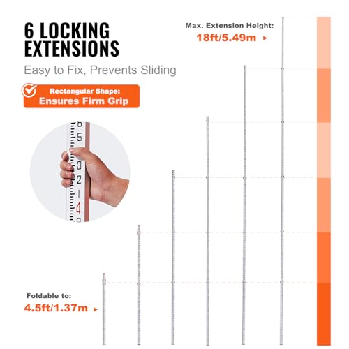 VEVOR Aluminum Grade 18-Feet/10ths 6 Sections Telescopic Measuring Rod, Double-Sided Scale 1/10ft Leveling Rod Stick with Bubble Level & Carrying Bag for Houses, Walls, Floors - size: 18 FT-10ths