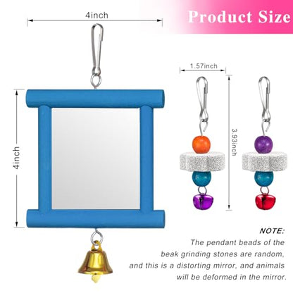 Sumind 2 Pieces Chicken Mirror Toys Hanging Swing Mirror with Bell Wooden Pecking Toy and 4 Pieces Beak Grinding Molar Stones for Hens Birds Parrots(Blue,Green) - color: Blue,Green