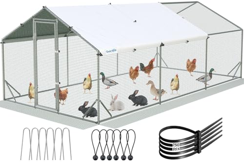 Quictent Large Metal Chicken Coop Run for 30+ Poultry with Side Hardware Cloth & Waterproof Cover, Advanced Series Outdoor Walk-in Cage Hen Duck Rabbit Dog Pen Yard Farm House, 18x9x6.6FT - color: White, size: 214.5"L x 107.3"W x 78.0"H