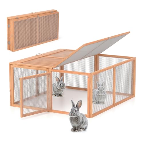 Chicken Coop, Wooden Rabbit Hutch Outdoor Indoor Folding Bunny Cage with Handle Portable Chicken Run with Top & Side Opening Doors Small Animal Playpen No Assembly Pet Poultry Cage for Bunny(Wood) - color: Wood